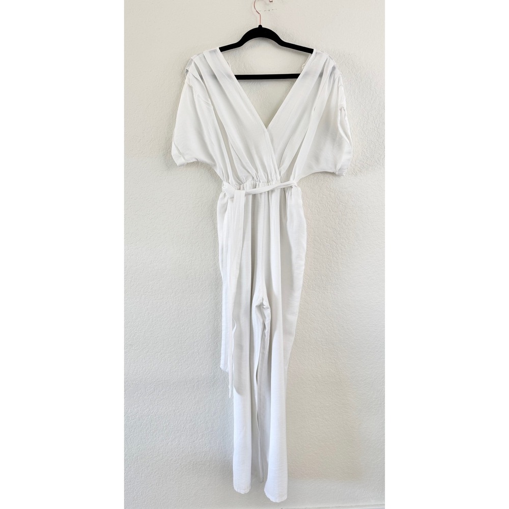 Lush Jumpsuit Gauze Solid White Surplice V-Neck Boho Short Sleeve Small